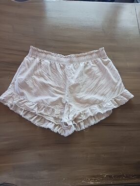 Aerie Linen Blend Shorts Womens XL Neutral Color Raw Ruffled Hem Elastic Waist